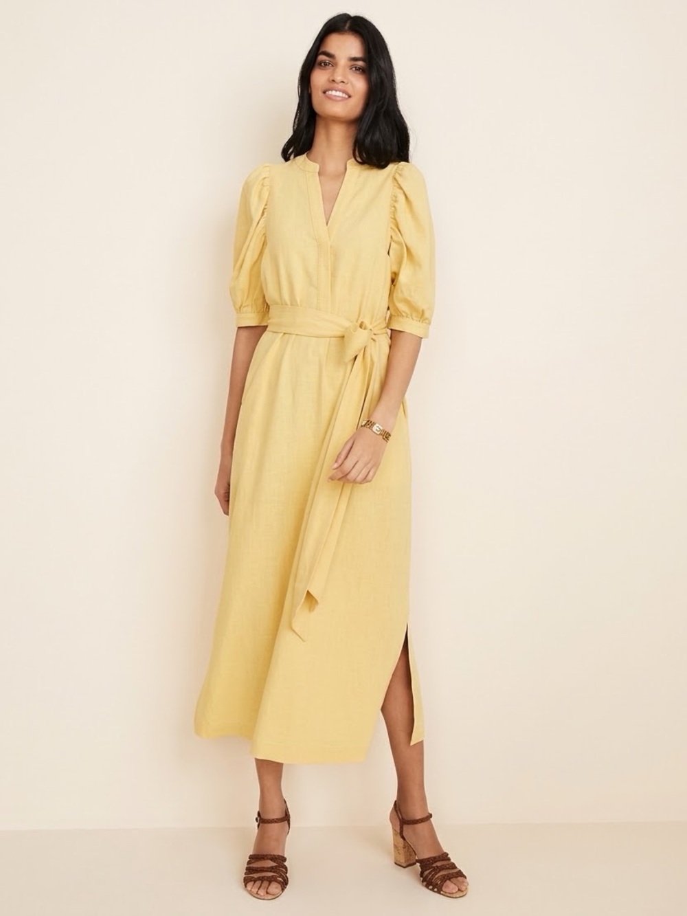 Ann Taylor Linen Cotton Blend Midi Dress with Waist Tie Yellow Puff-Sleeve XS